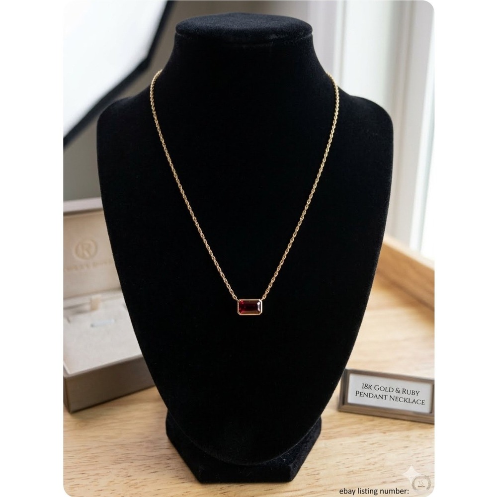 Gold Plated Pendant Necklace Emerald Cut Red Gemstone Bezel Set Chain